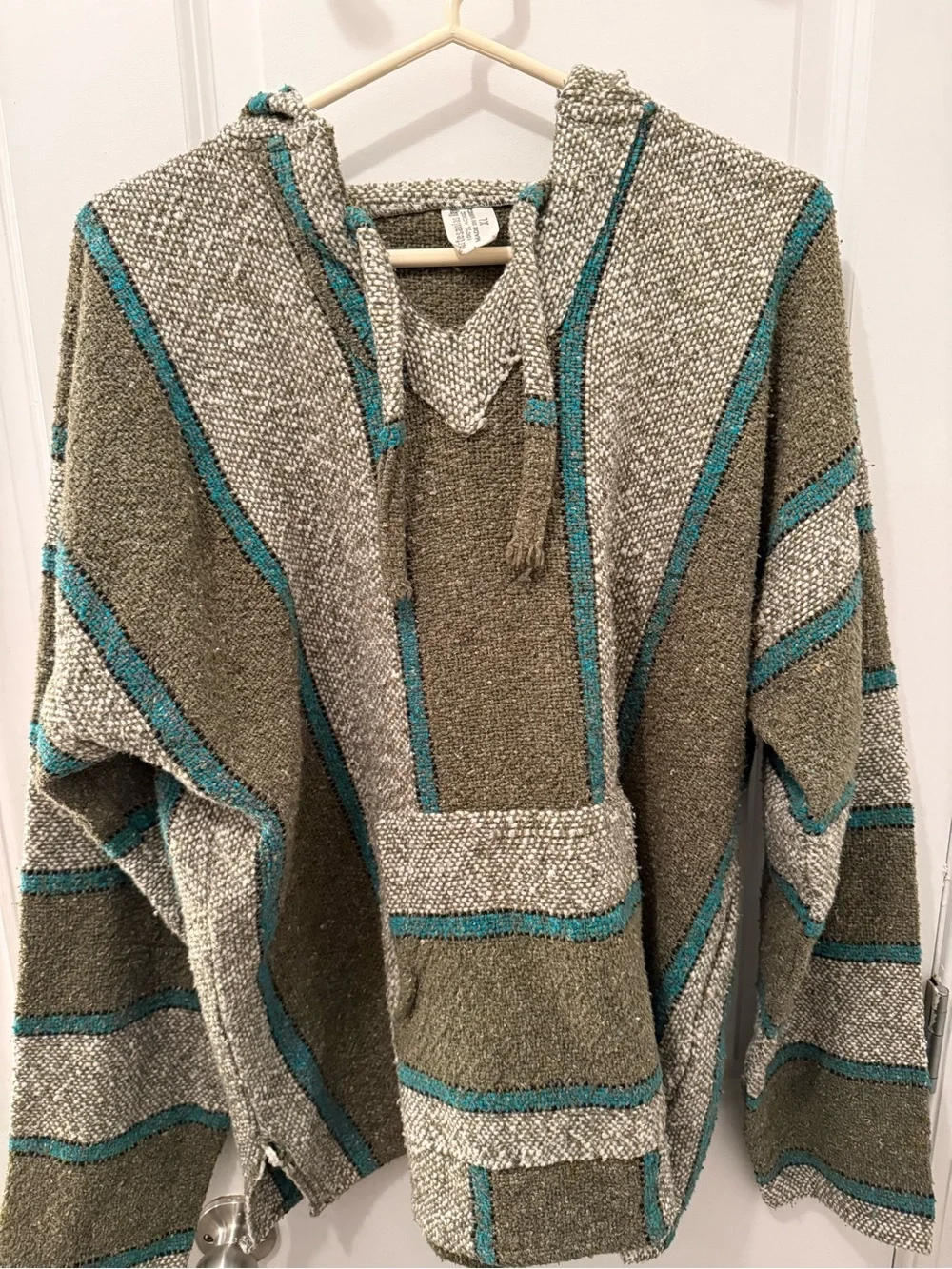 Bohemian Hooded Pullover Sweater in Olive with Teal Trim